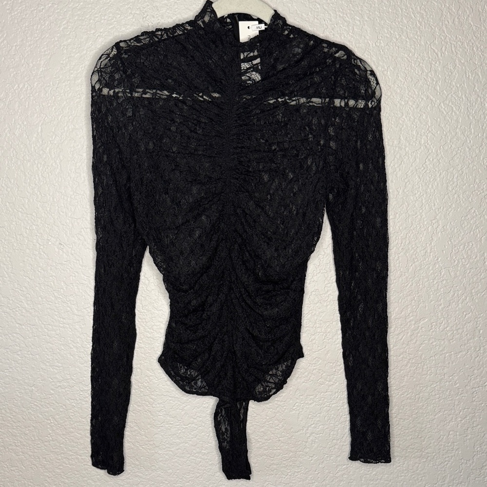 NWT Naked Wardrobe Black Lace Sheer Long Sleeve Bodysuit Large Ruched Mock Neck - Picture 3 of 11